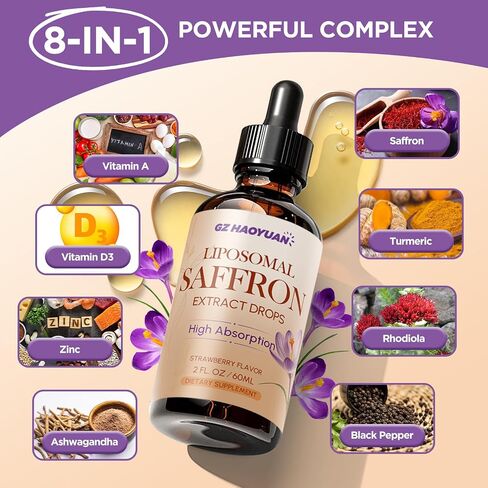 Liposomal Saffron Supplements, 89 mg Saffron Extract Liquid Drops with Ashwagandha, Turmeric, Vitamin A & D3 for Antioxidant, Immune, Mood, Energy, Focus & Sleep, Strawberry Flavor 2 Fl Oz in Saudi Arabia