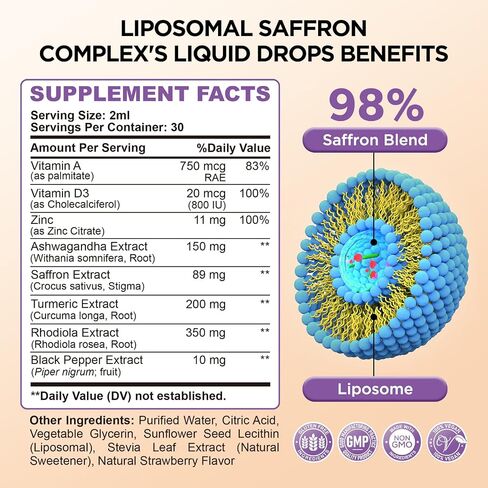 Liposomal Saffron Supplements, 89 mg Saffron Extract Liquid Drops with Ashwagandha, Turmeric, Vitamin A & D3 for Antioxidant, Immune, Mood, Energy, Focus & Sleep, Strawberry Flavor 2 Fl Oz in Saudi Arabia