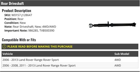 Rear Driveshaft - Compatible with 2006-2013 Land Rover Range Rover Sport 4WD AWD in Saudi Arabia