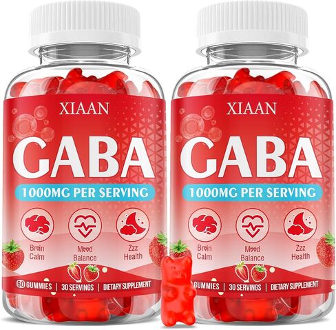 GABA Gummies 1000mg للأطفال والكبار، مكملات GABA القابلة للمضغ مع L Theanine 5-HTP Ashwagandha Vitamins B6، B12، D3 للهدوء والZzz، خالي من السكر/نباتي، نكهة الفراولة 60 عدد in Kuwait