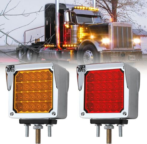 2 قطعة مربعة مزدوجة الوجه 60 مصباح إشارة الانعطاف LED مع 3 دعامات تثبيت متوافقة مع نصف شاحنة مقطورة Freightliner Peterbilt Kenworth Mack Western Star Amber/Red Pedestal Fender Lights in Kuwait