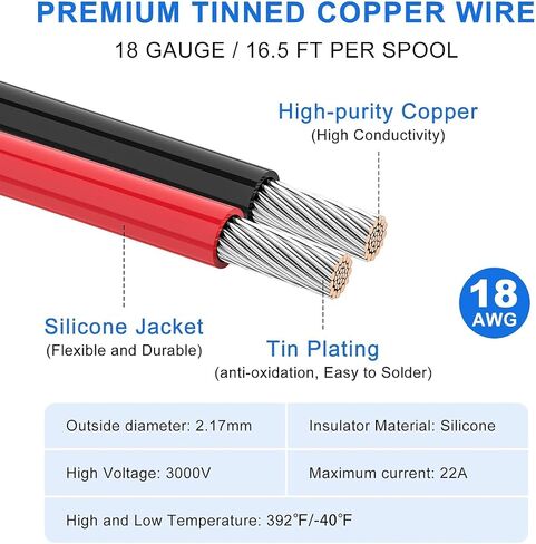 18 AWG Stranded Wire Spool, 16.5ft Each in 8 Colors - Silicone Electrical Tinned Copper Wire, 18 Gauge Flexible Hook Up Wire Kit for DIY, Automotive, Home, and Power Wiring in Saudi Arabia