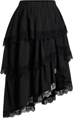 تنورة Verdusa النسائية من راعية البقر الغربية بوهو من الدانتيل والكشكشة والريفية غير المتماثلة والدانتيل ذات الطبقات in Kuwait