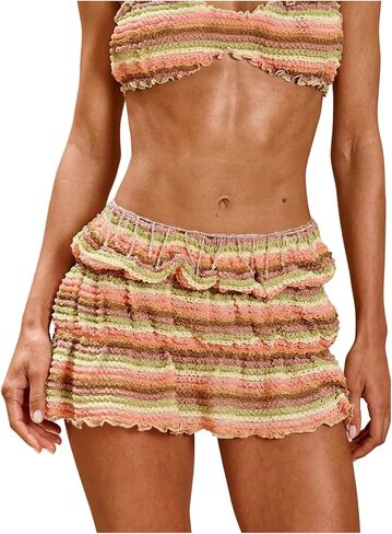 تنورة نسائية صيفية صغيرة من MakeMeChic، مخططة بخصر مطاطي، تنانير قصيرة بوهو للإجازات in Kuwait