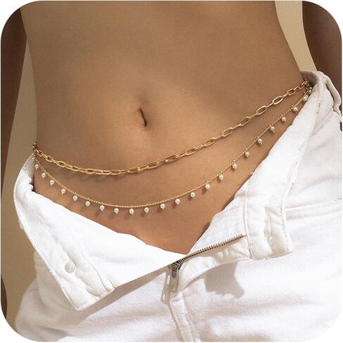 Gold Waist Chain for Women Gold Plated Layered Belly Chain Pearl Waist Beads Body Chain Summer Beach Belly Waist Chain Adjustable Bikini Beach Body Jewelry for Women in Saudi Arabia
