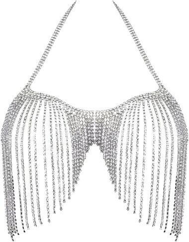 Female body chain jewelry, silver body chain bikini, tassel rhinestone jewelry, suitable for gift party holiday in Saudi Arabia