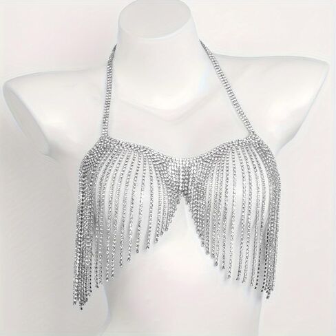 Female body chain jewelry, silver body chain bikini, tassel rhinestone jewelry, suitable for gift party holiday in Saudi Arabia