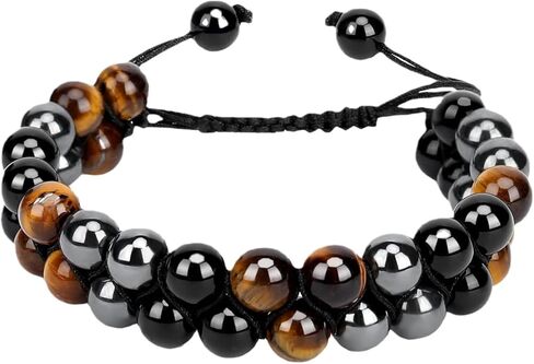 Triple Protection Bracelet, Healing Crystals Tigers Eye Black Obsidian Hematite 8mm Beads Bracelet for Men Women, Elastic Adjustable Crystal Jewelry Stone Bracelets Christmas Gifts for Men Women, Anxiety Relief, Spiritual Healing (Triangular Weaving, Exqu in Saudi Arabia
