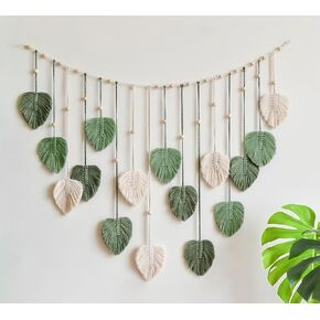 Avoik Macrame جدار معلق يترك نسيج بوهو منسوج كبير، فن جدار Macrame مع مقاطع خشبية مصنوعة يدويًا أنيقة من الريش الأخضر Boho ديكور لغرفة النوم وغرفة المعيشة وديكورات الحائط، 47 × 29 بوصة in Kuwait