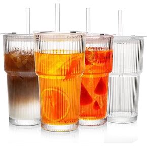 20 OZ Iced Coffee Cup With Glass Lids and Straws,High Borosilicate Glass Tumbler Cup Reusable Wide Mouth Smoothie Cups(Clear,1cup)… in Saudi Arabia