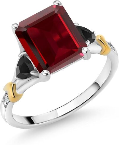 خاتم خطوبة من Gem Stone King من الفضة عيار 925 والذهب الأصفر عيار 10 قيراط والعقيق الأحمر والعقيق الأسود والألماس (4.16 قيراط، قطع زمرد 10 × 8 مم، تريليون 3.5 مم) in Saudi Arabia