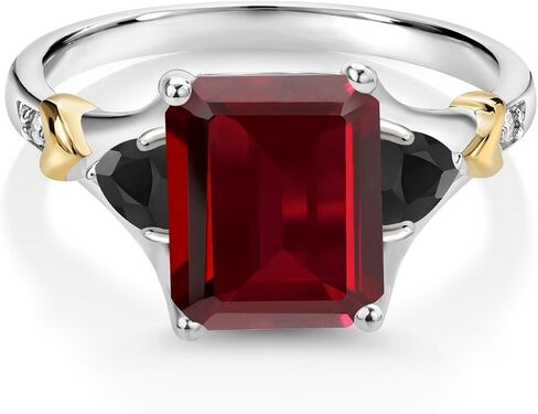 خاتم خطوبة من Gem Stone King من الفضة عيار 925 والذهب الأصفر عيار 10 قيراط والعقيق الأحمر والعقيق الأسود والألماس (4.16 قيراط، قطع زمرد 10 × 8 مم، تريليون 3.5 مم) in Saudi Arabia