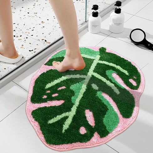 Sisher Monstera Bath Mat Cute Bathroom Rug Non Slip Palm Shaped Plush Fun Area Rug Bathtub Rugs Machine Washable Green and Pink Leaf Mat（21"X26"） in Saudi Arabia