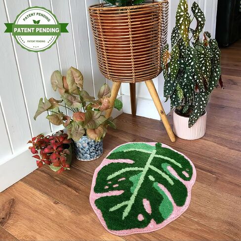Sisher Monstera Bath Mat Cute Bathroom Rug Non Slip Palm Shaped Plush Fun Area Rug Bathtub Rugs Machine Washable Green and Pink Leaf Mat（21"X26"） in Saudi Arabia