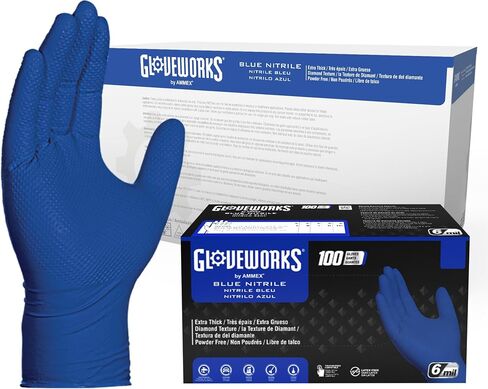 قفازات GLOVEWORKS HD من النتريل الأزرق الملكي الصناعية للاستعمال مرة واحدة، 6 مل، خالية من اللاتكس، نسيج ماسي مرتفع، كبير، صندوق من 100 in Kuwait