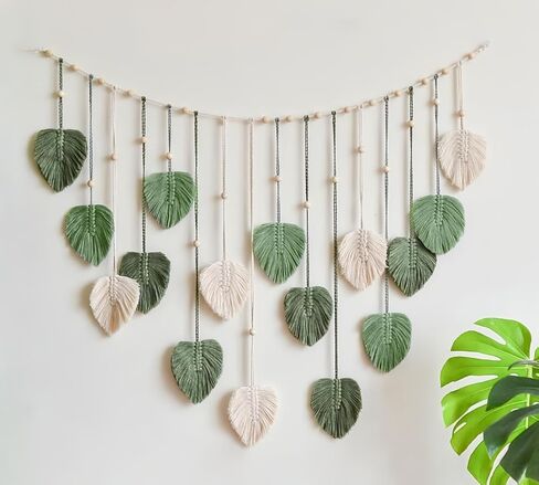 Avoik Macrame جدار معلق يترك نسيج بوهو منسوج كبير، فن جدار Macrame مع مقاطع خشبية مصنوعة يدويًا أنيقة من الريش الأخضر Boho ديكور لغرفة النوم وغرفة المعيشة وديكورات الحائط، 47 × 29 بوصة in Kuwait