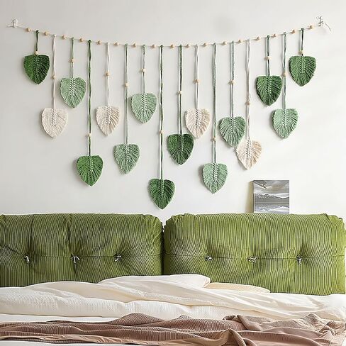 Avoik Macrame جدار معلق يترك نسيج بوهو منسوج كبير، فن جدار Macrame مع مقاطع خشبية مصنوعة يدويًا أنيقة من الريش الأخضر Boho ديكور لغرفة النوم وغرفة المعيشة وديكورات الحائط، 47 × 29 بوصة in Kuwait