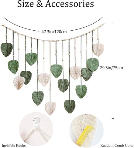 Avoik Macrame جدار معلق يترك نسيج بوهو منسوج كبير، فن جدار Macrame مع مقاطع خشبية مصنوعة يدويًا أنيقة من الريش الأخضر Boho ديكور لغرفة النوم وغرفة المعيشة وديكورات الحائط، 47 × 29 بوصة in Kuwait