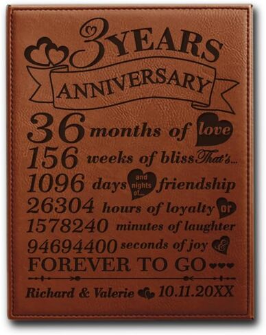 BELLA BUSTA- 3 Years Anniversary-Years, Months, Weeks, Days, Hours, Minutes, Seconds- 3rd Wedding Anniversary- Engraved Leather Plaque (7 x 9 Vertical (Rawhide)) in Saudi Arabia