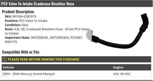 PCV Valve To Intake Crankcase Breather Hose - Compatible with 2003-2004 Mercury Grand Marquis 4.6L V8 Gas in Saudi Arabia