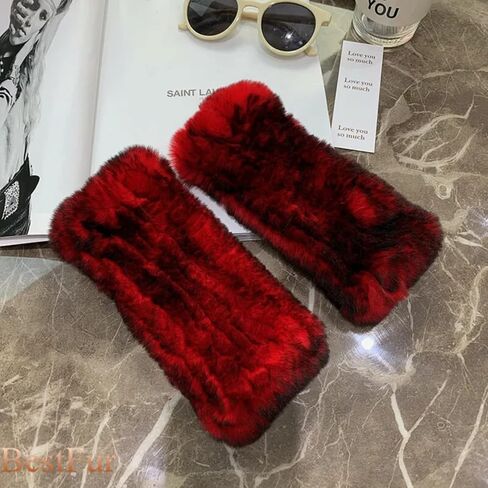Real Rabbit Fur Gloves for Women - Winter Furry Mittens & Knitted Fingerless Gloves in Saudi Arabia