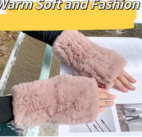 Real Rabbit Fur Gloves for Women - Winter Furry Mittens & Knitted Fingerless Gloves in Saudi Arabia