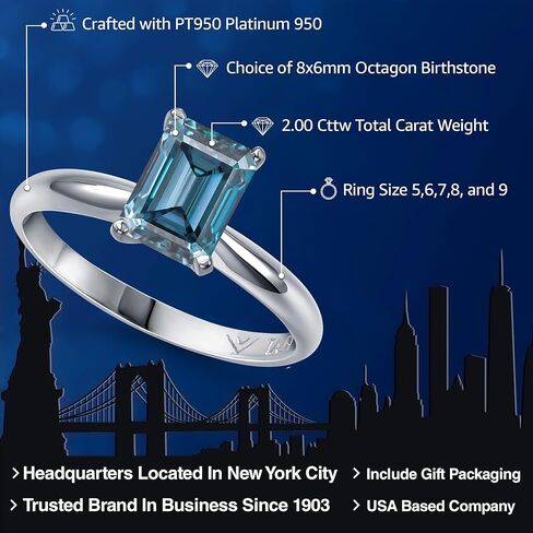 Gem Stone King PT900 Platinum 900 Customized and Personalized Emerald Cut 8X6MM Gemstone Birthstone Engagement Ring For Women | Available In Size 5, 6, 7, 8, 9 in Saudi Arabia