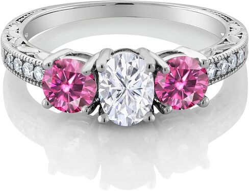 Gem Stone King Personalized and Customized 3-Stone Engagement Ring For Women | 925 Sterling Silver | 7X5MM Oval and 5MM Round | Gemstone Birthstone and Moissanite | Available In Size 5-9 in Saudi Arabia