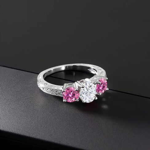 Gem Stone King Personalized and Customized 3-Stone Engagement Ring For Women | 925 Sterling Silver | 7X5MM Oval and 5MM Round | Gemstone Birthstone and Moissanite | Available In Size 5-9 in Saudi Arabia