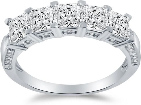 Solid 14k White Gold 5mm Princess Cut Five Stone with Side Accents Anniversary Ring Wedding Band CZ Cubic Zirconia 2.0cttw. in Saudi Arabia
