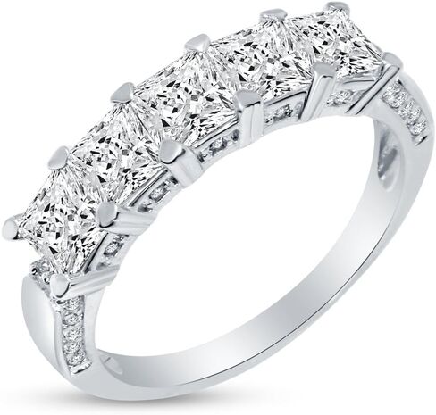 Solid 14k White Gold 5mm Princess Cut Five Stone with Side Accents Anniversary Ring Wedding Band CZ Cubic Zirconia 2.0cttw. in Saudi Arabia