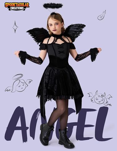 Spooktacular Creations Halloween Child Girl Black Angel Short Dress Costume, Kids Fallen Angel Outfit for Role Play Parties in Saudi Arabia