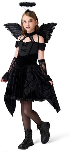 Spooktacular Creations Halloween Child Girl Black Angel Short Dress Costume, Kids Fallen Angel Outfit for Role Play Parties in Saudi Arabia