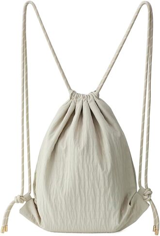 Beige Plaid Drawstring Backpack - Lightweight Cinch Sackpack for Women, Boho Original Design, Perfect for Gym, Travel, Beach & Outdoor Sports in Saudi Arabia
