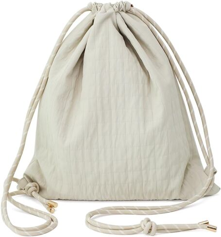 Beige Plaid Drawstring Backpack - Lightweight Cinch Sackpack for Women, Boho Original Design, Perfect for Gym, Travel, Beach & Outdoor Sports in Saudi Arabia
