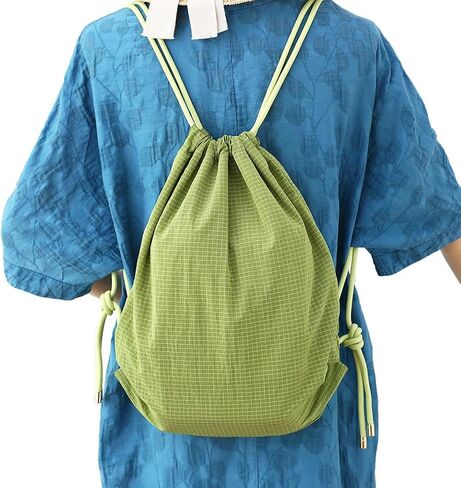 Beige Plaid Drawstring Backpack - Lightweight Cinch Sackpack for Women, Boho Original Design, Perfect for Gym, Travel, Beach & Outdoor Sports in Kuwait