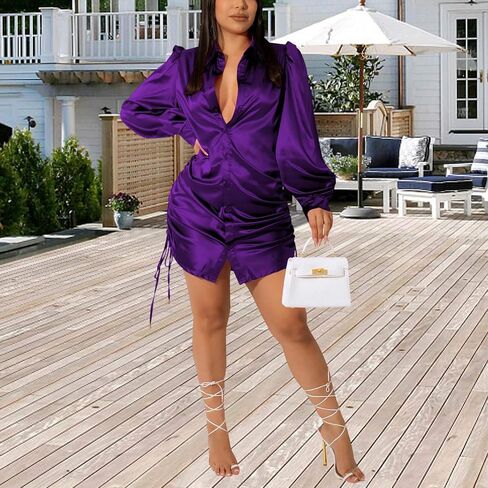 Women's Sexy Button Down Shirts Dress Long Sleeve Casual Blouse Loose Tops Collar T-Shirts Club Party Mini Dresses in Saudi Arabia