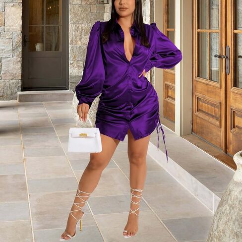 Women's Sexy Button Down Shirts Dress Long Sleeve Casual Blouse Loose Tops Collar T-Shirts Club Party Mini Dresses in Saudi Arabia