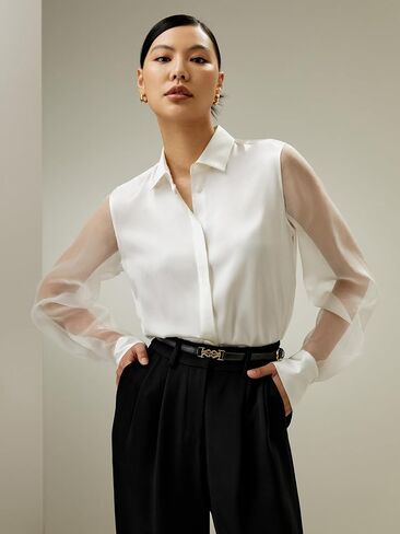 قميص LilySilk للسيدات من الحرير الخالص، بلوزة حريرية للسيدات بأكمام شفافة شفافة وجسم رئيسي ذو لمسة نهائية ناعمة in Kuwait