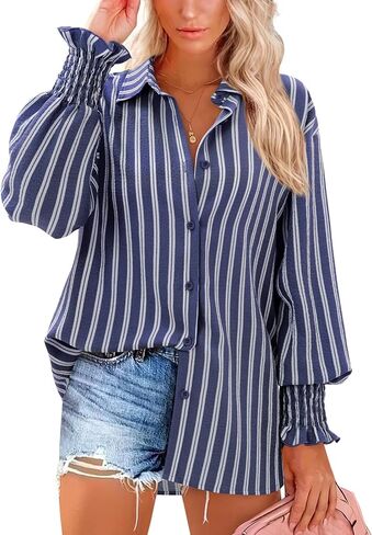 siliteelon Button Down Striped Shirts for Women Smocked Cuffed Long Sleeve Oversized Boyfriend Blouses Collared Work Tops in Saudi Arabia