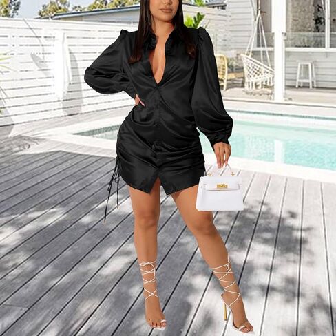 Women's Sexy Button Down Shirts Dress Long Sleeve Casual Blouse Loose Tops Collar T-Shirts Club Party Mini Dresses in Saudi Arabia