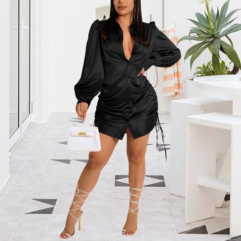 Women's Sexy Button Down Shirts Dress Long Sleeve Casual Blouse Loose Tops Collar T-Shirts Club Party Mini Dresses in Saudi Arabia