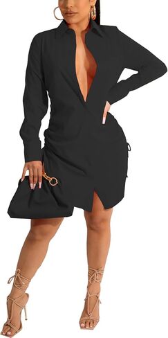 قمصان نسائية مثيرة بأزرار للأسفل، فستان بأكمام طويلة، بلوزة غير رسمية، قمصان فضفاضة بياقة، فساتين قصيرة للحفلات والنوادي in Kuwait