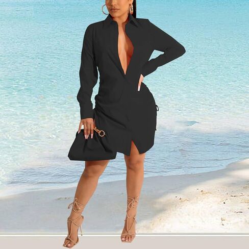 قمصان نسائية مثيرة بأزرار للأسفل، فستان بأكمام طويلة، بلوزة غير رسمية، قمصان فضفاضة بياقة، فساتين قصيرة للحفلات والنوادي in Kuwait