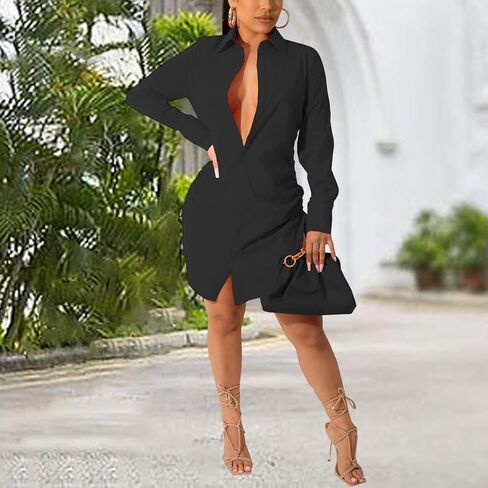 قمصان نسائية مثيرة بأزرار للأسفل، فستان بأكمام طويلة، بلوزة غير رسمية، قمصان فضفاضة بياقة، فساتين قصيرة للحفلات والنوادي in Kuwait