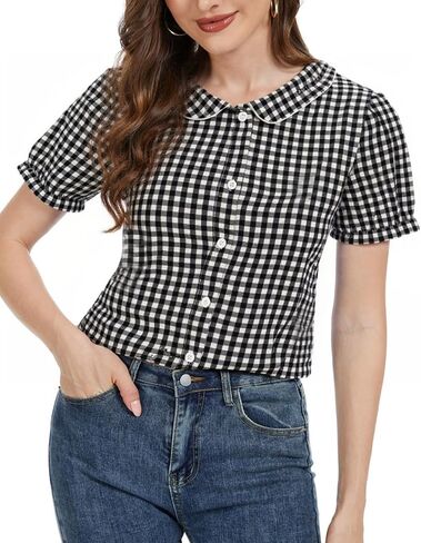 MINTLIMIT Women's Gingham Blouse 2025 Plaid Top Short Sleeve Button Down Peter Pan Collar Shirt in Saudi Arabia