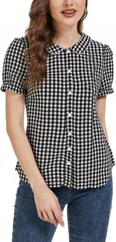 MINTLIMIT Women's Gingham Blouse 2025 Plaid Top Short Sleeve Button Down Peter Pan Collar Shirt in Saudi Arabia