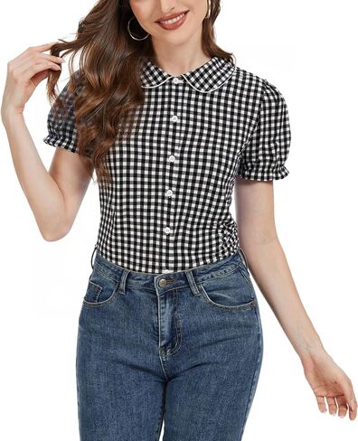 MINTLIMIT Women's Gingham Blouse 2025 Plaid Top Short Sleeve Button Down Peter Pan Collar Shirt in Saudi Arabia
