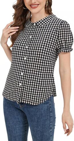 MINTLIMIT Women's Gingham Blouse 2025 Plaid Top Short Sleeve Button Down Peter Pan Collar Shirt in Saudi Arabia