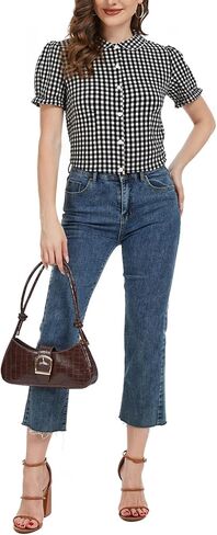 MINTLIMIT Women's Gingham Blouse 2025 Plaid Top Short Sleeve Button Down Peter Pan Collar Shirt in Saudi Arabia